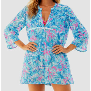 Creations Tropical Swim Cover Up Womens One Size Blue Pink Coastal Beach Vac